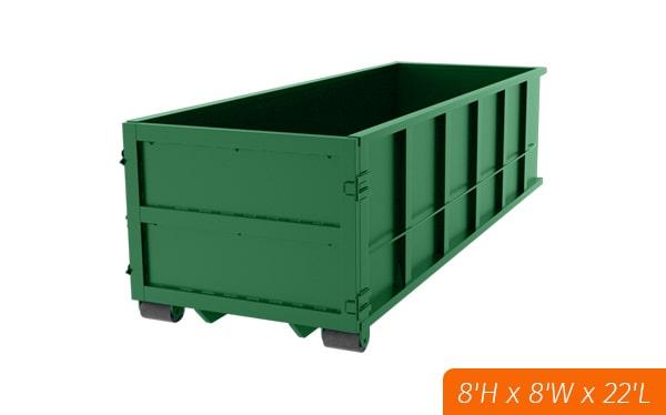 40 yard dumpsters typically have a length of 22 feet, a width of 8 feet, and a height of 7 feet